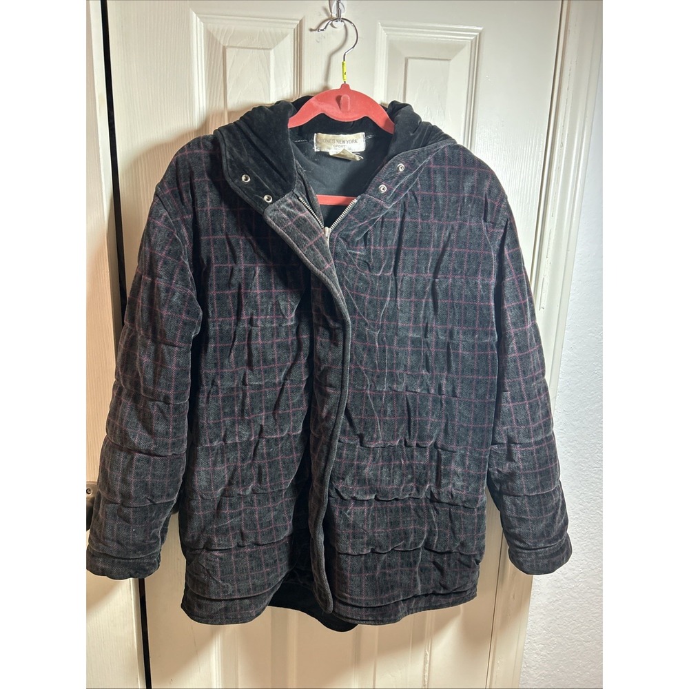 Vtg Jones New York M Plaid Velvet Coat Jacket Black Pink ZIp
